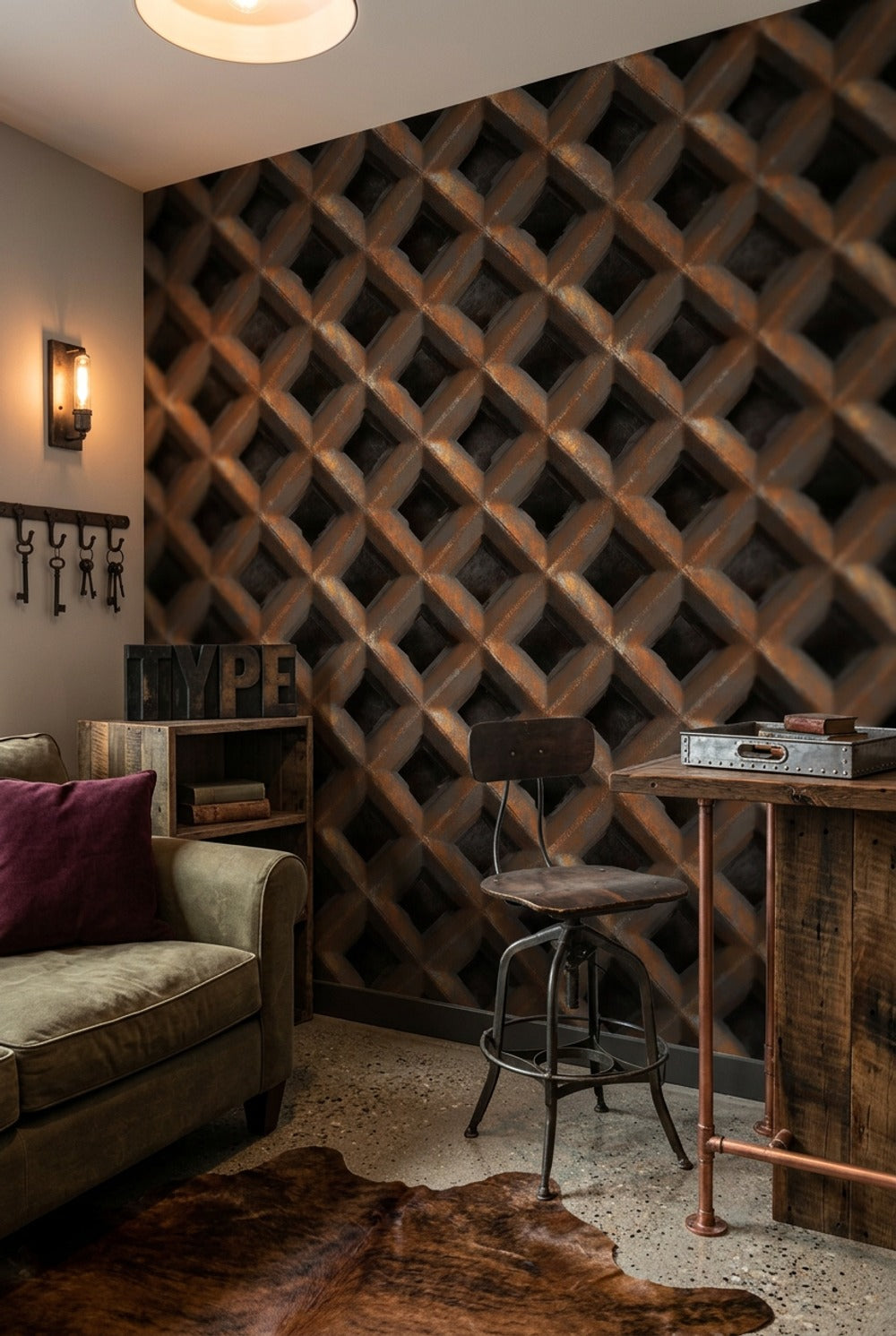 Geometrik Örgü Desenli Duvar Kağıdı Kahverengi Endüstriyel Salon