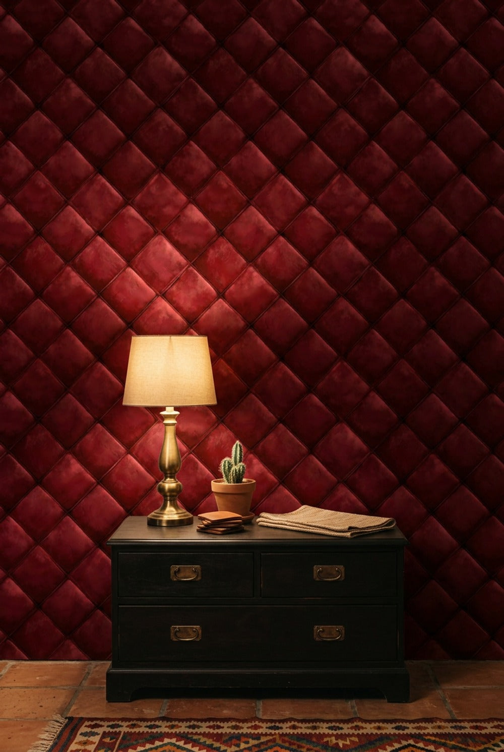 Bordo Kapitone Deri Görünümlü Duvar Kağıdı Modern Salon
