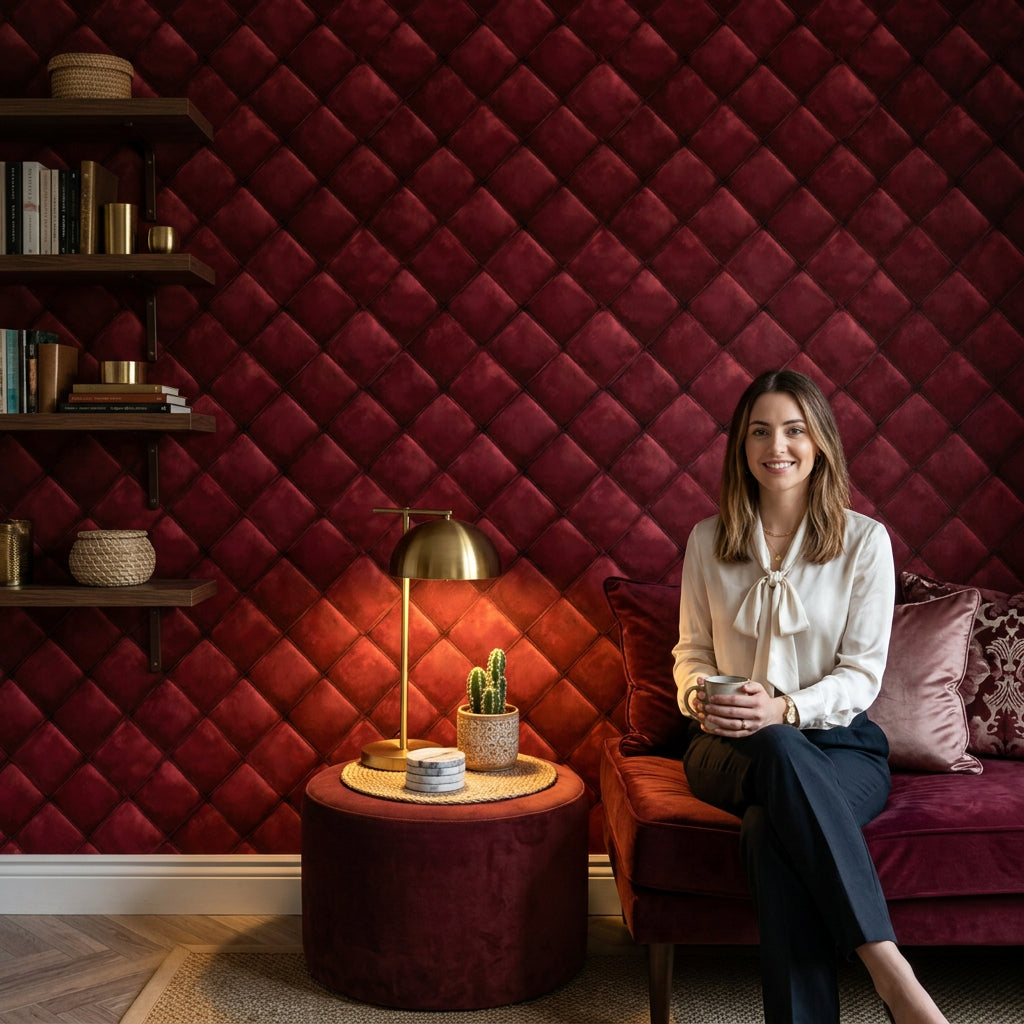 Bordo Kapitone Deri Görünümlü Duvar Kağıdı Modern Salon