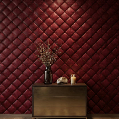 Bordo Kapitone Deri Görünümlü Duvar Kağıdı Modern Salon