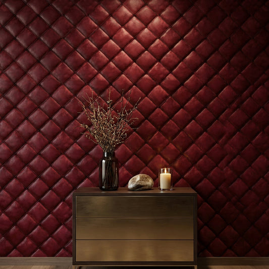 Bordo Kapitone Deri Görünümlü Duvar Kağıdı Modern Salon