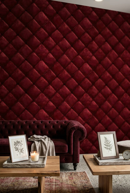 Bordo Kapitone Deri Görünümlü Duvar Kağıdı Modern Salon