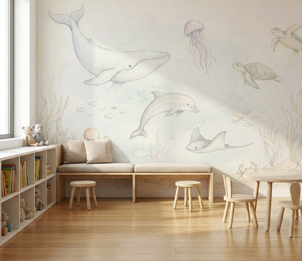 Deniz Canlıları Poster Duvar Kağıdı Pastel Çocuk Odası Desenli