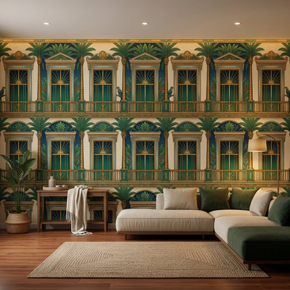 Art Deco Palmiye Desenli Poster Duvar Kağıdı Yeşil Lacivert