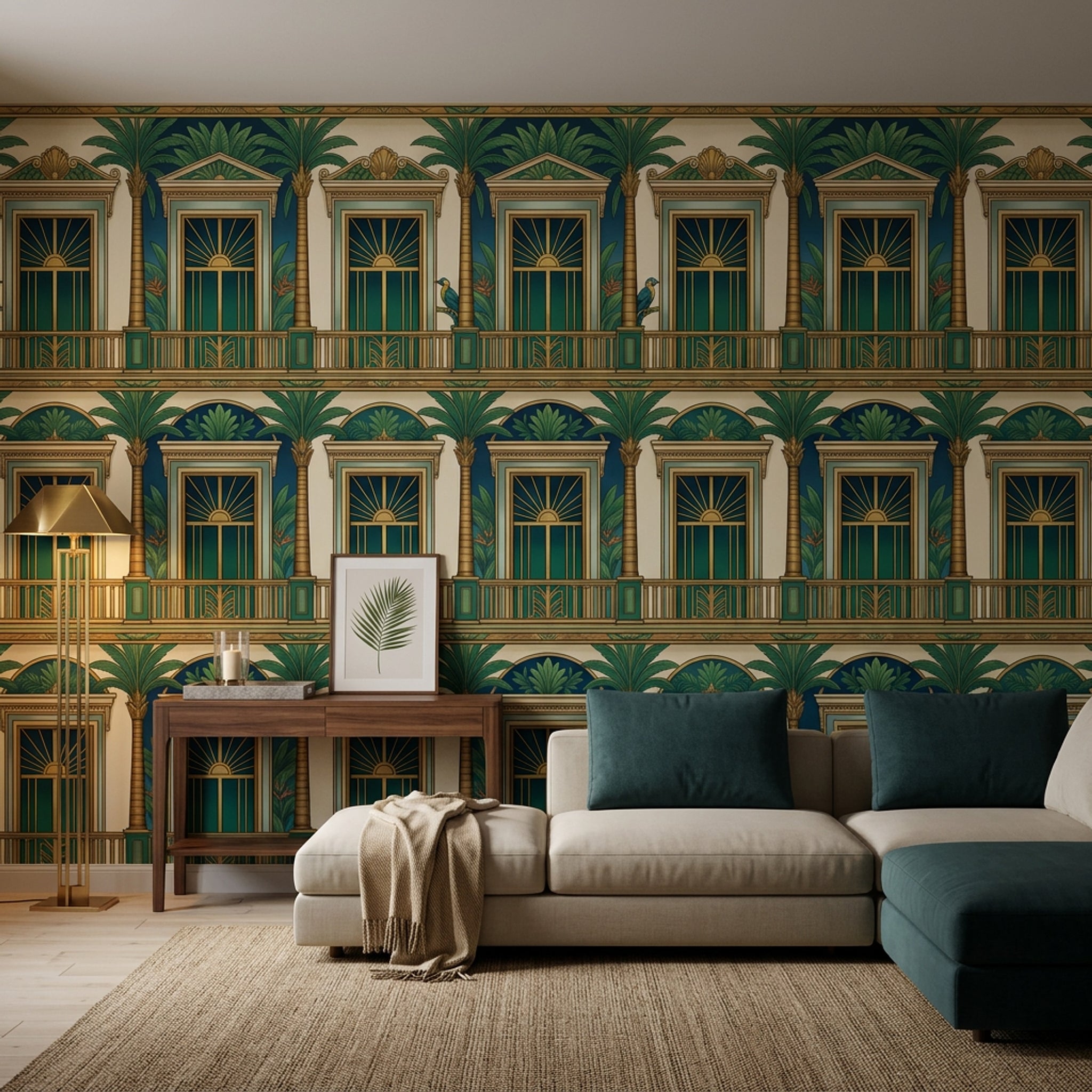 Art Deco Palmiye Desenli Poster Duvar Kağıdı Yeşil Lacivert