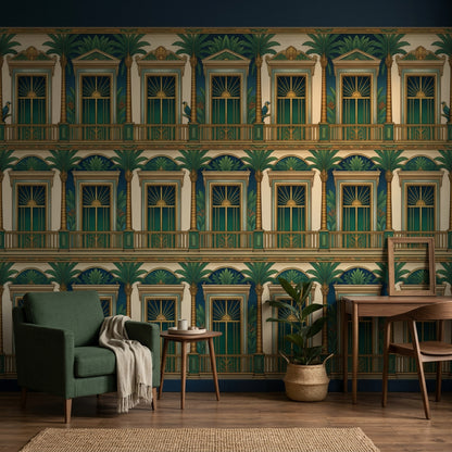 Art Deco Palmiye Desenli Poster Duvar Kağıdı Yeşil Lacivert