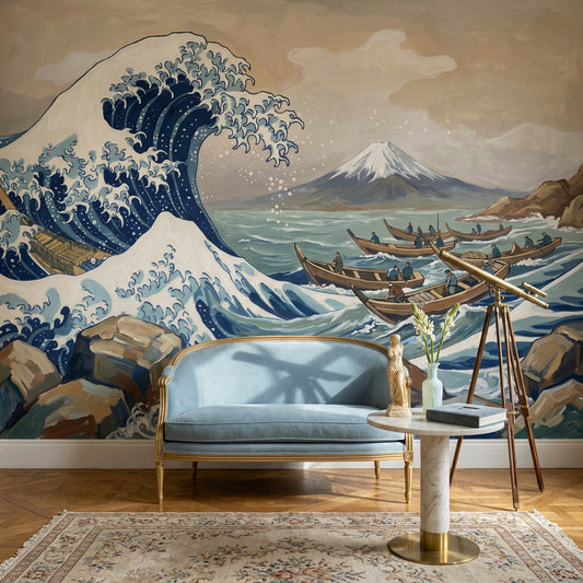 Japon Dalgaları Poster Duvar Kağıdı Mavi Deniz Manzarası
