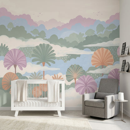 Pastel Orman Manzaralı Poster Duvar Kağıdı Çocuk Odası Bulutlu
