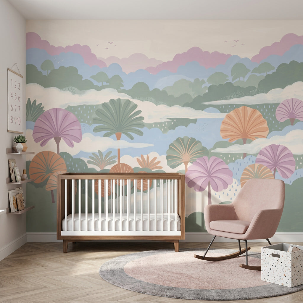 Pastel Orman Manzaralı Poster Duvar Kağıdı Çocuk Odası Bulutlu