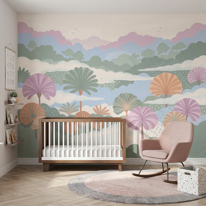 Pastel Orman Manzaralı Poster Duvar Kağıdı Çocuk Odası Bulutlu