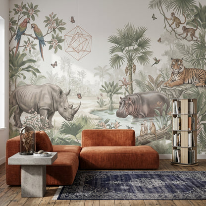 Safari Hayvanlı Poster Duvar Kağıdı Yeşil Tropikal Orman