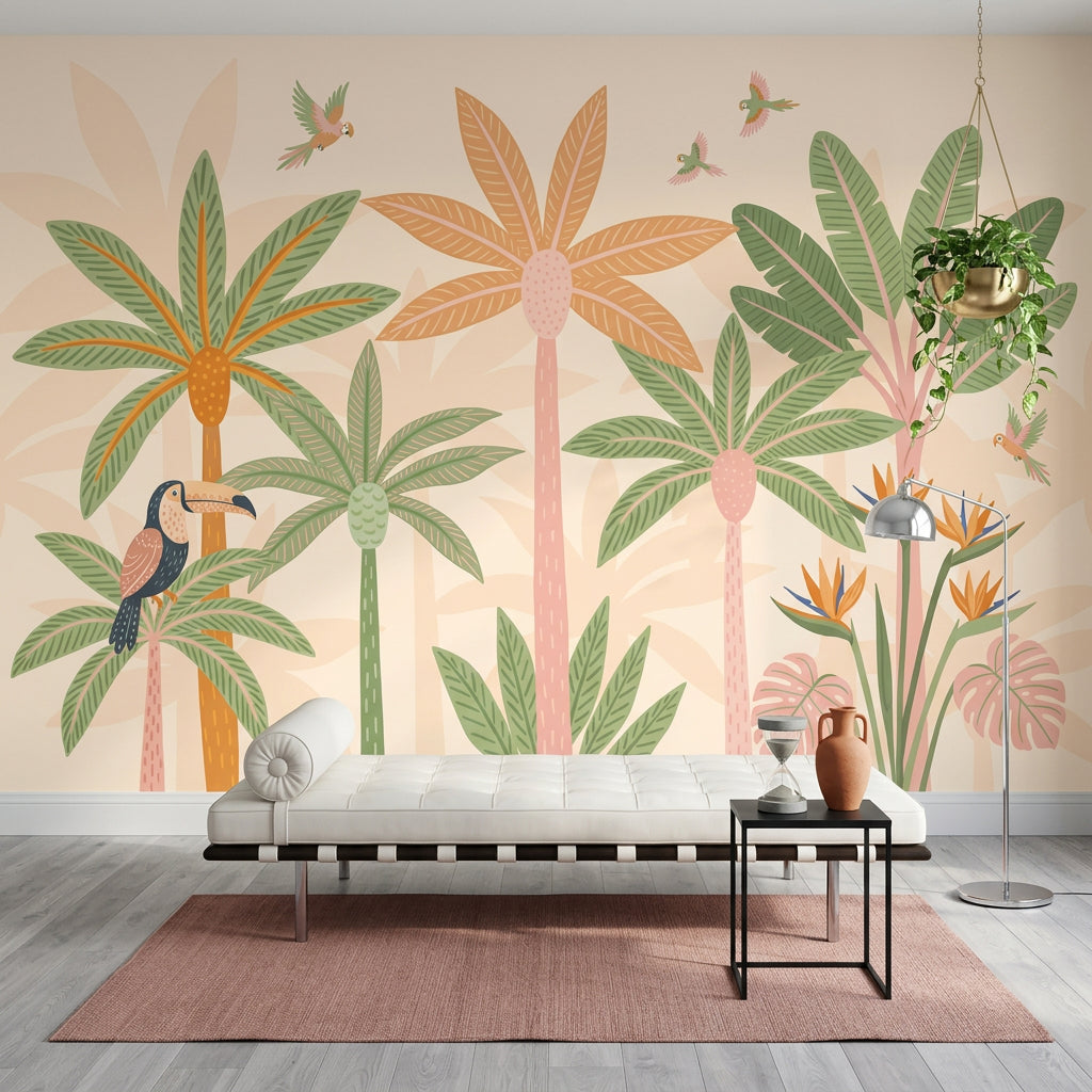 Tropikal Palmiyeli Poster Duvar Kağıdı Pastel Kuş Desenli Salon
