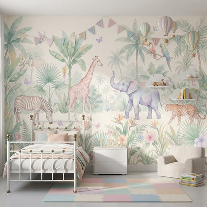 Safari Hayvanlı Poster Duvar Kağıdı Pastel Çocuk Odası Orman