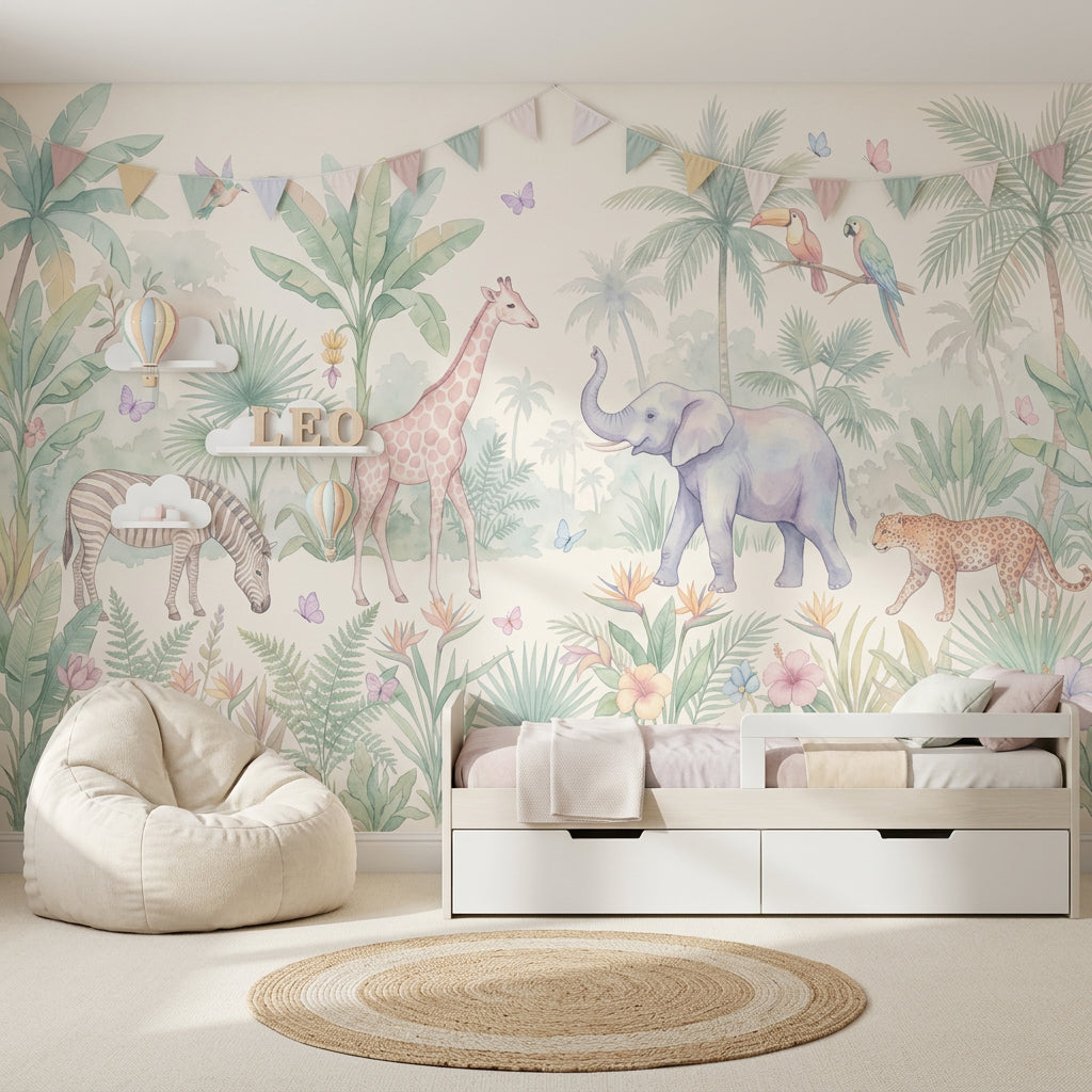 Safari Hayvanlı Poster Duvar Kağıdı Pastel Çocuk Odası Orman