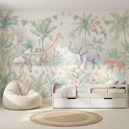 Safari Hayvanlı Poster Duvar Kağıdı Pastel Çocuk Odası Orman