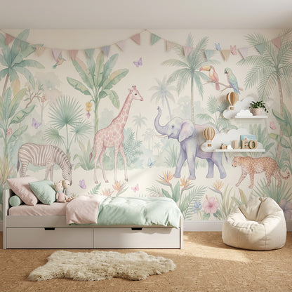 Safari Hayvanlı Poster Duvar Kağıdı Pastel Çocuk Odası Orman