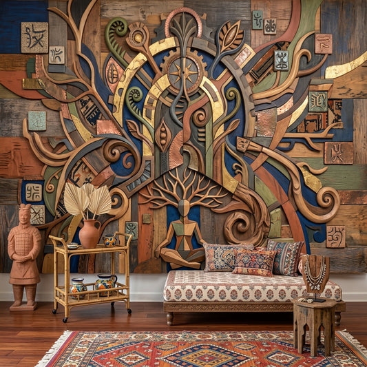 Etnik Mandala Poster Duvar Kağıdı Ahşap Görünümlü Bohem Salon