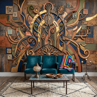 Etnik Mandala Poster Duvar Kağıdı Ahşap Görünümlü Bohem Salon