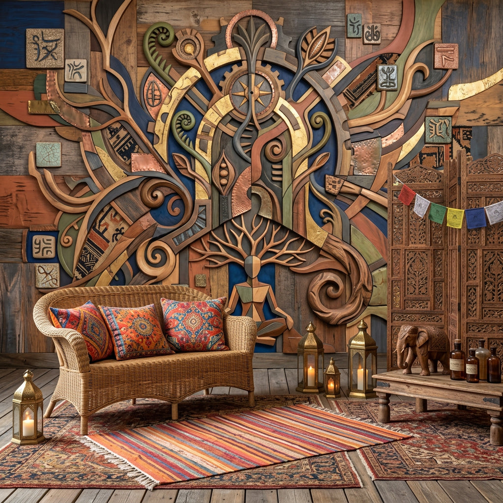 Etnik Mandala Poster Duvar Kağıdı Ahşap Görünümlü Bohem Salon