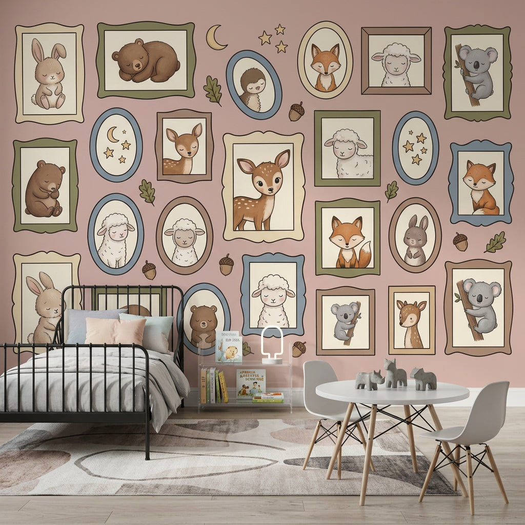 Çerçeveli Sevimli Hayvanlar Poster Duvar Kağıdı Pastel Çocuk Odası