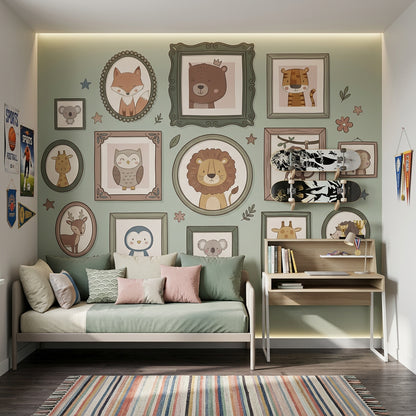 Sevimli Orman Hayvanları Poster Duvar Kağıdı Pastel Yeşil Çocuk Odası