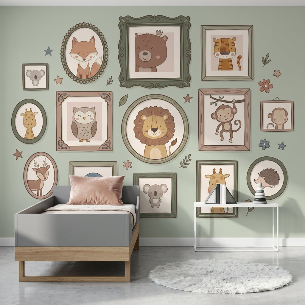 Sevimli Orman Hayvanları Poster Duvar Kağıdı Pastel Yeşil Çocuk Odası