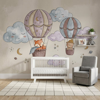 Balonlu Ayıcık ve Tilkili Poster Duvar Kağıdı Çocuk Odası