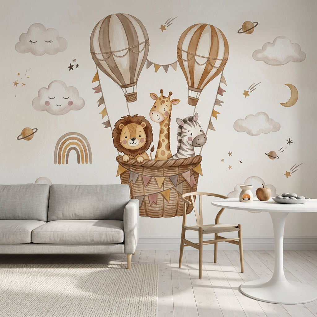 Balonlu Safari Hayvanları Poster Duvar Kağıdı Bej Çocuk Odası
