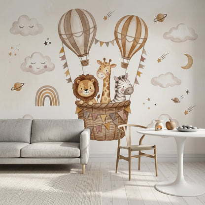 Balonlu Safari Hayvanları Poster Duvar Kağıdı Bej Çocuk Odası