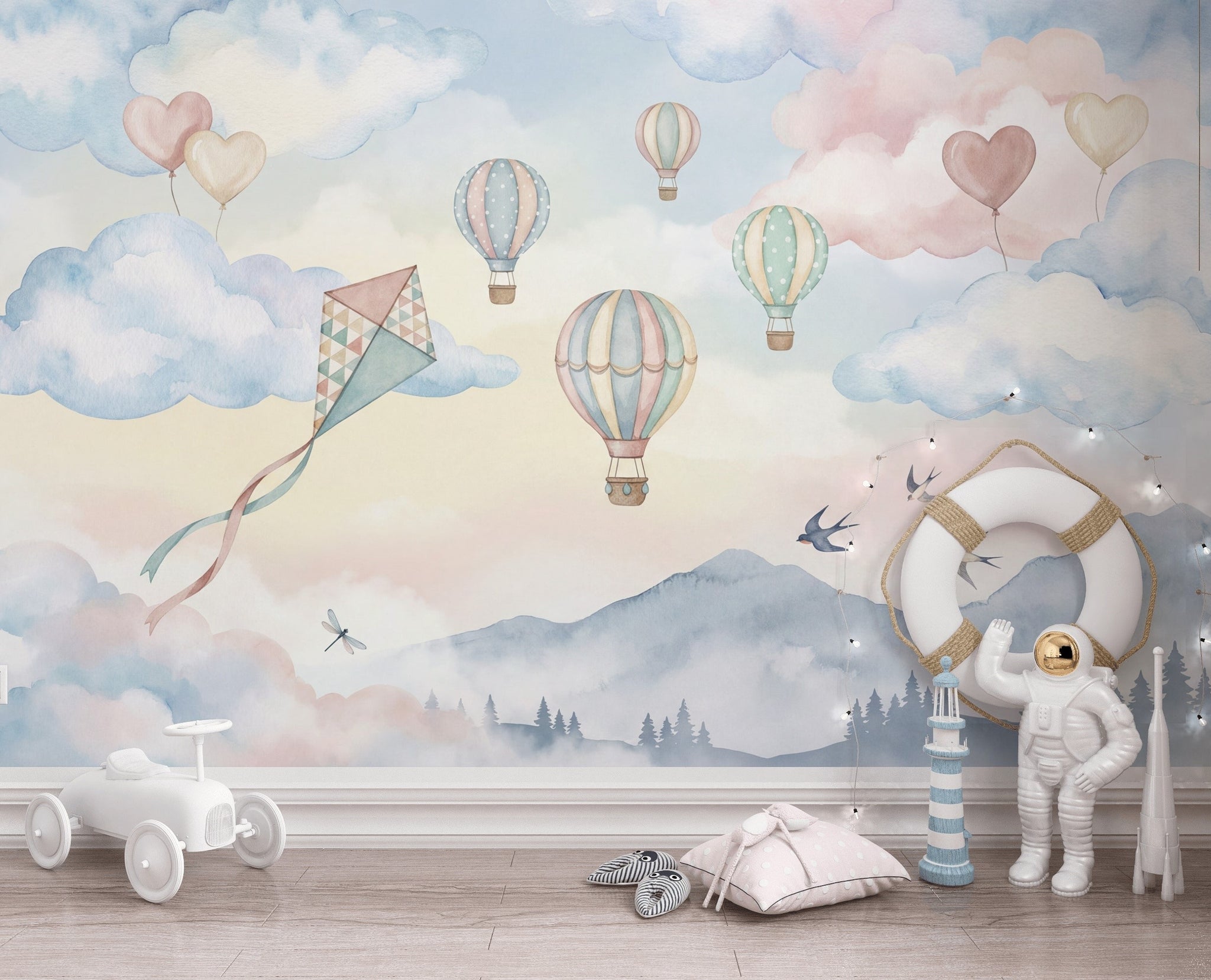 Balon ve Bulutlu Poster Duvar Kağıdı Pastel Çocuk Odası