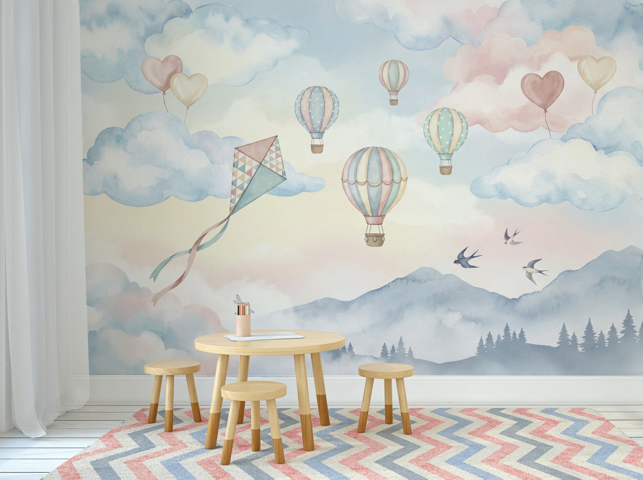 Balon ve Bulutlu Poster Duvar Kağıdı Pastel Çocuk Odası