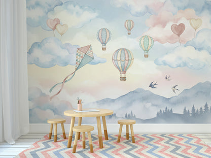 Balon ve Bulutlu Poster Duvar Kağıdı Pastel Çocuk Odası