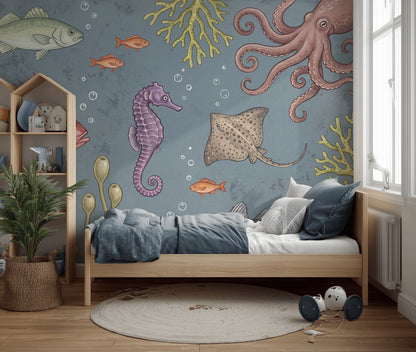 Deniz Canlıları Poster Duvar Kağıdı Mavi Çocuk Odası Desenli