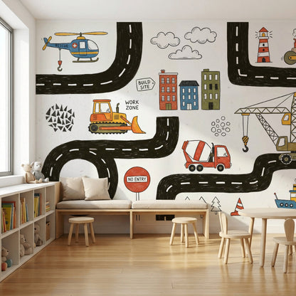 İnşaat Araçları ve Yol Desenli Poster Duvar Kağıdı Çocuk Odası