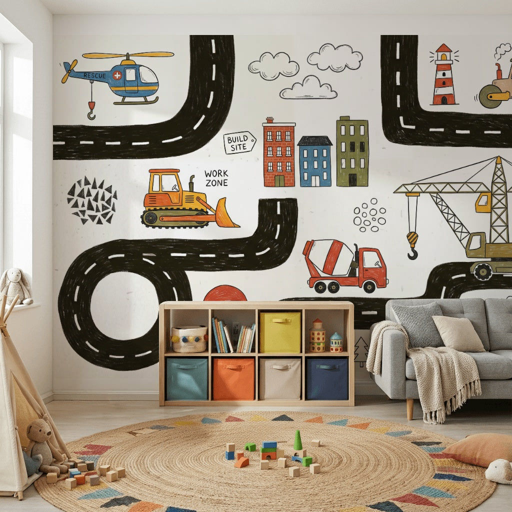 İnşaat Araçları ve Yol Desenli Poster Duvar Kağıdı Çocuk Odası