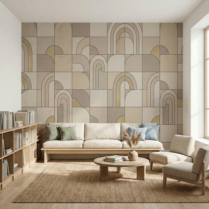 Geometrik Kemer Desenli Poster Duvar Kağıdı Bej Gri Salon