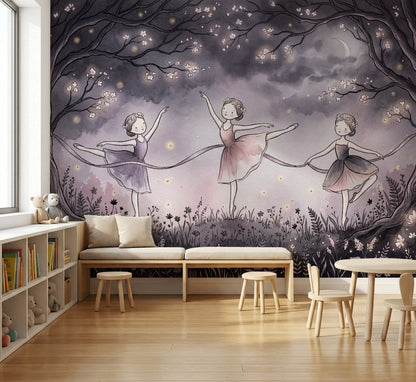 Balerinli Poster Duvar Kağıdı Mor Gece Temalı Çocuk Odası