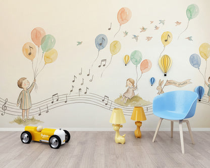 Balonlu Müzik Notalı Poster Duvar Kağıdı Pastel Çocuk Odası