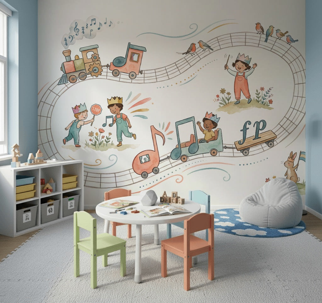 Müzikli Trenli Çocuk Poster Duvar Kağıdı Pastel Krem Oda