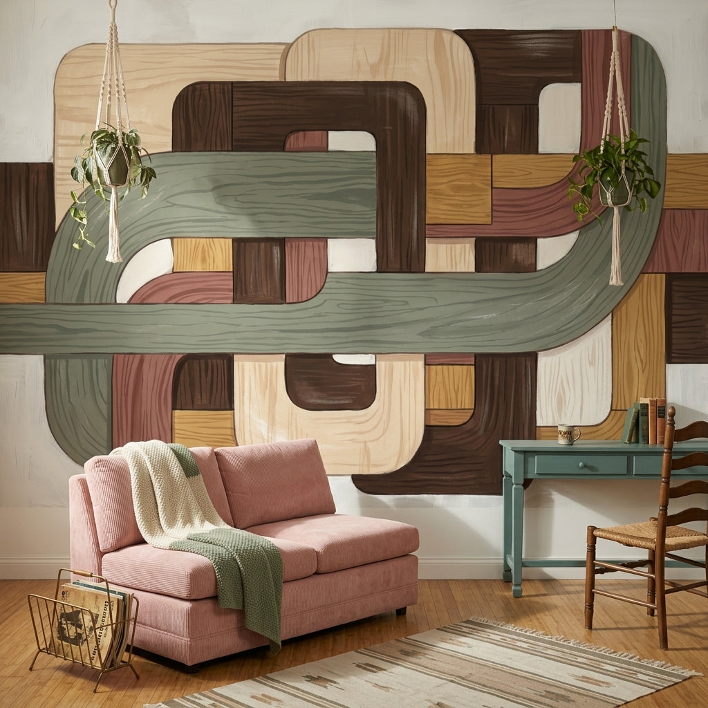 Retro Geometrik Poster Duvar Kağıdı Yeşil Kahverengi Soyut Desenli
