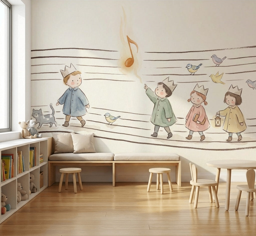Müzik Notalı Çocuklar Poster Duvar Kağıdı Pastel Çocuk Odası