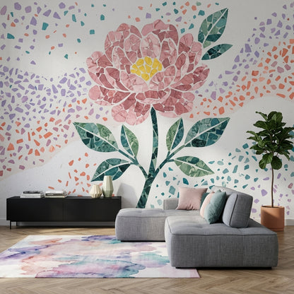 Mozaik Çiçek Poster Duvar Kağıdı Pembe Yeşil Salon