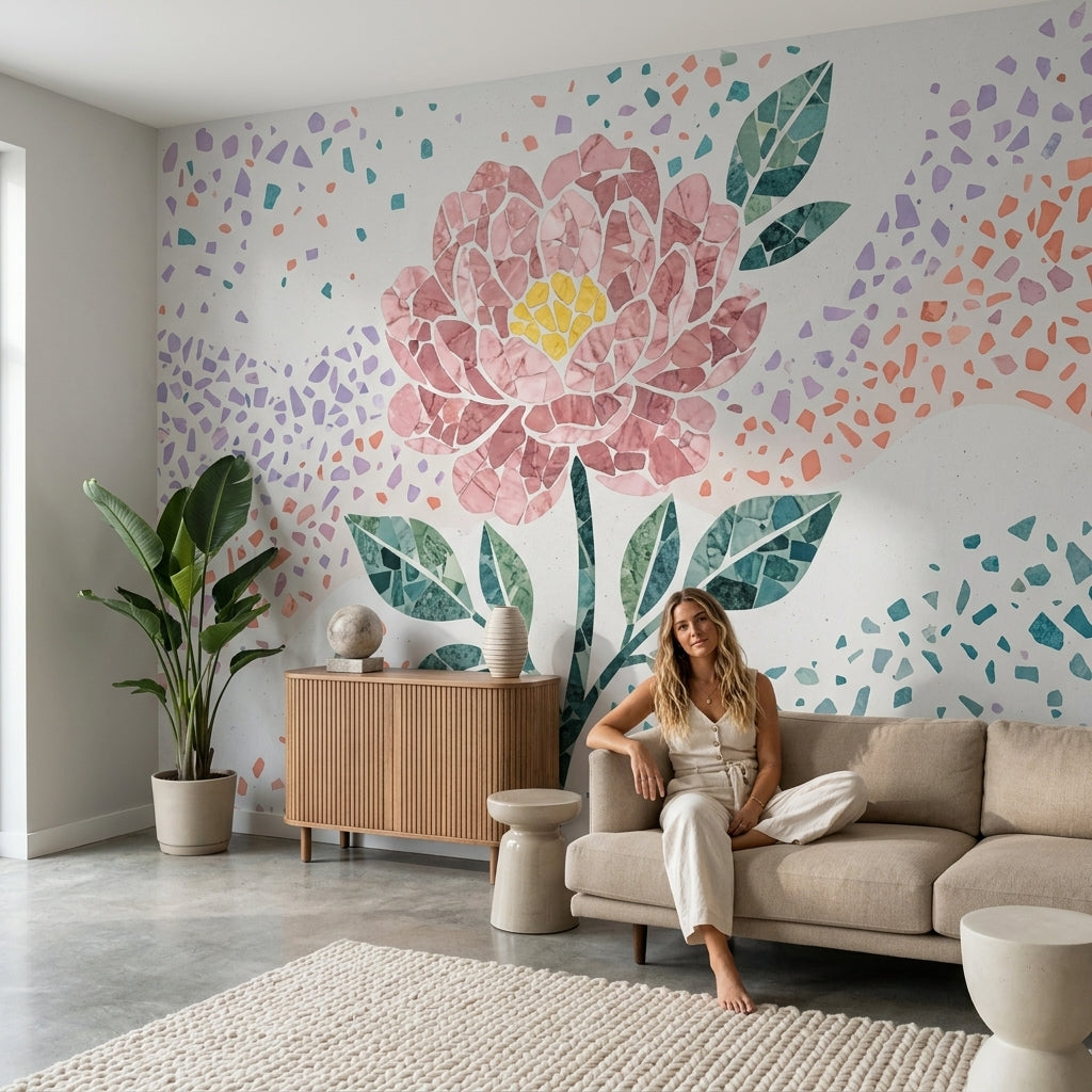 Mozaik Çiçek Poster Duvar Kağıdı Pembe Yeşil Salon