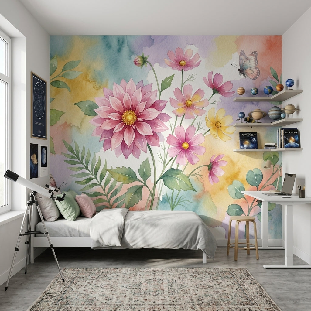 Suluboya Çiçekli Poster Duvar Kağıdı Pastel Renkli Genç Odası