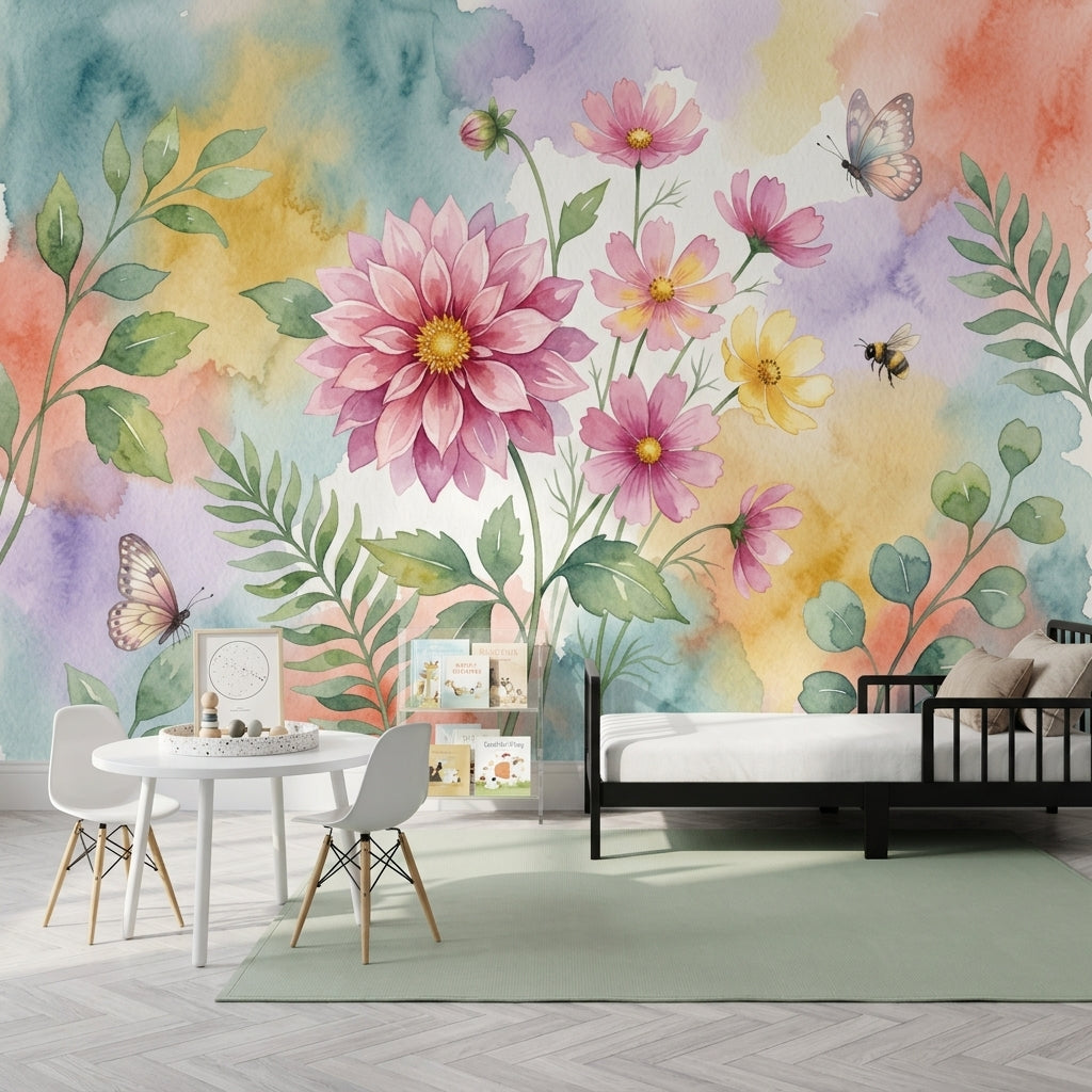 Suluboya Çiçekli Poster Duvar Kağıdı Pastel Renkli Genç Odası