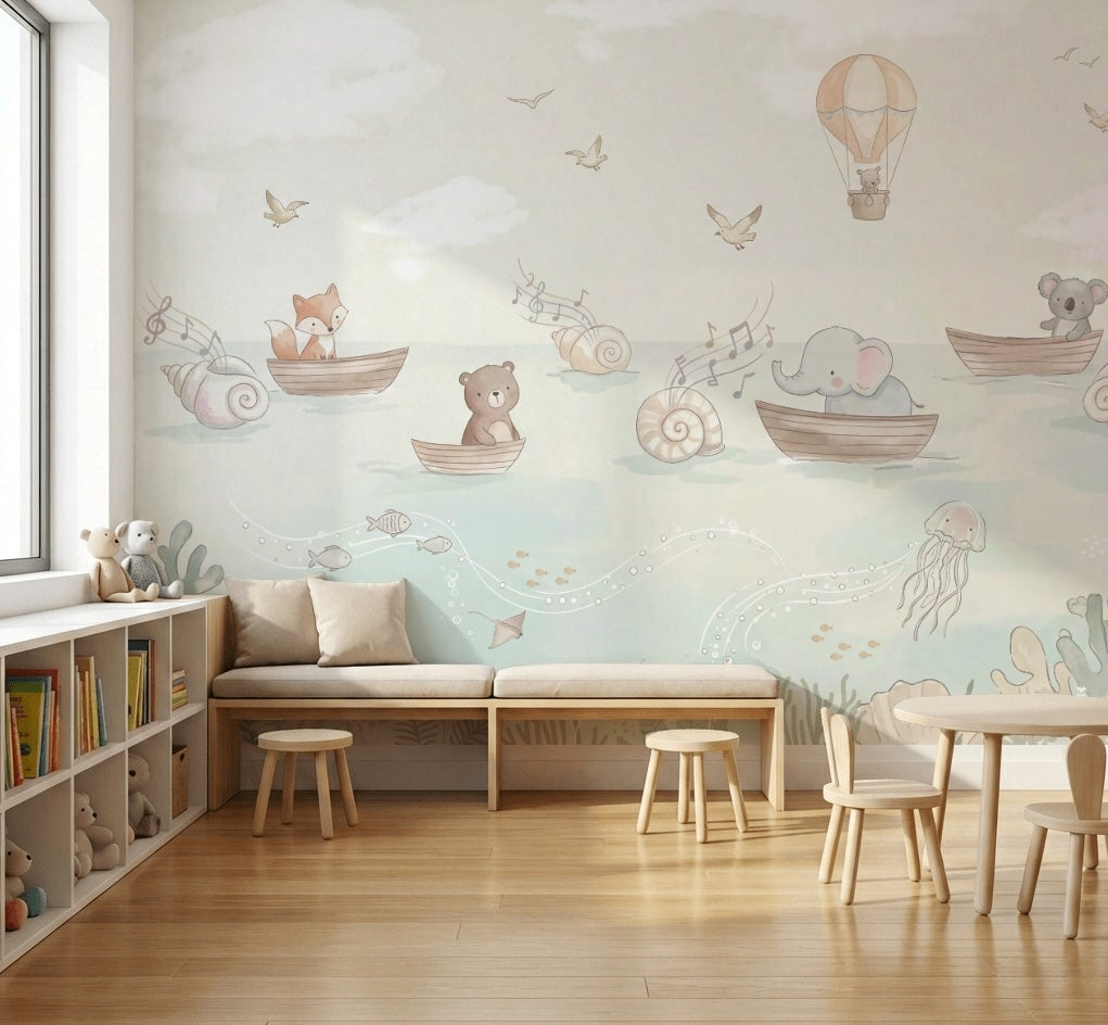 Deniz ve Sevimli Hayvanlı Poster Duvar Kağıdı Pastel Çocuk Odası