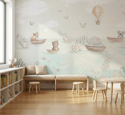 Deniz ve Sevimli Hayvanlı Poster Duvar Kağıdı Pastel Çocuk Odası