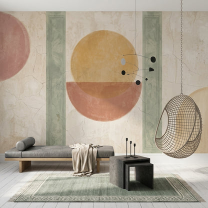 Geometrik Daireli Poster Duvar Kağıdı Bej Pastel Yatak Odası