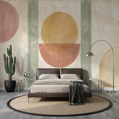 Geometrik Daireli Poster Duvar Kağıdı Bej Pastel Yatak Odası