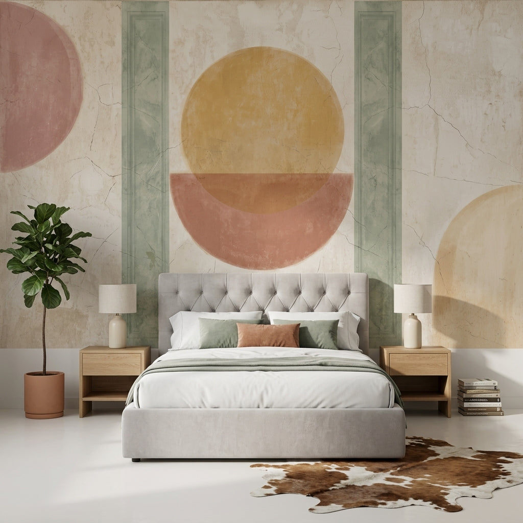 Geometrik Daireli Poster Duvar Kağıdı Bej Pastel Yatak Odası